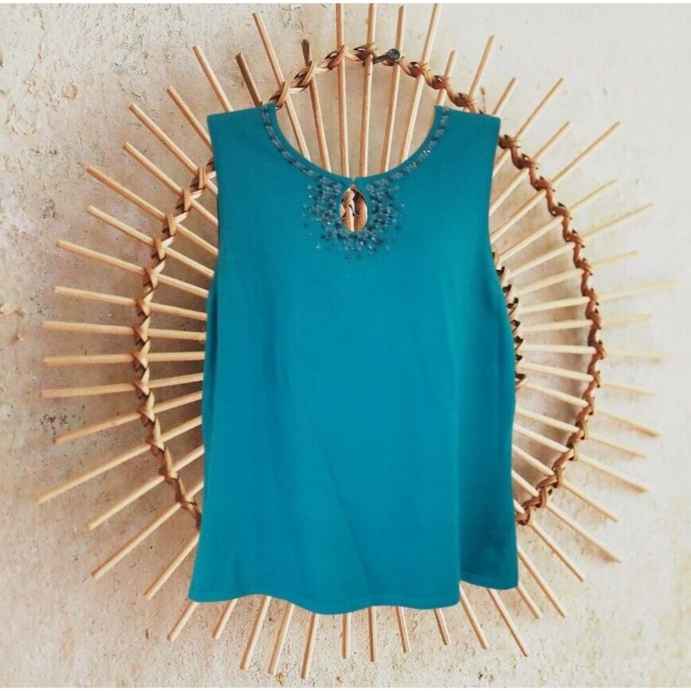 Vintage Bob Mackie Studio Women's Top Beaded Jeweled Sleeveless Teal Large ?????